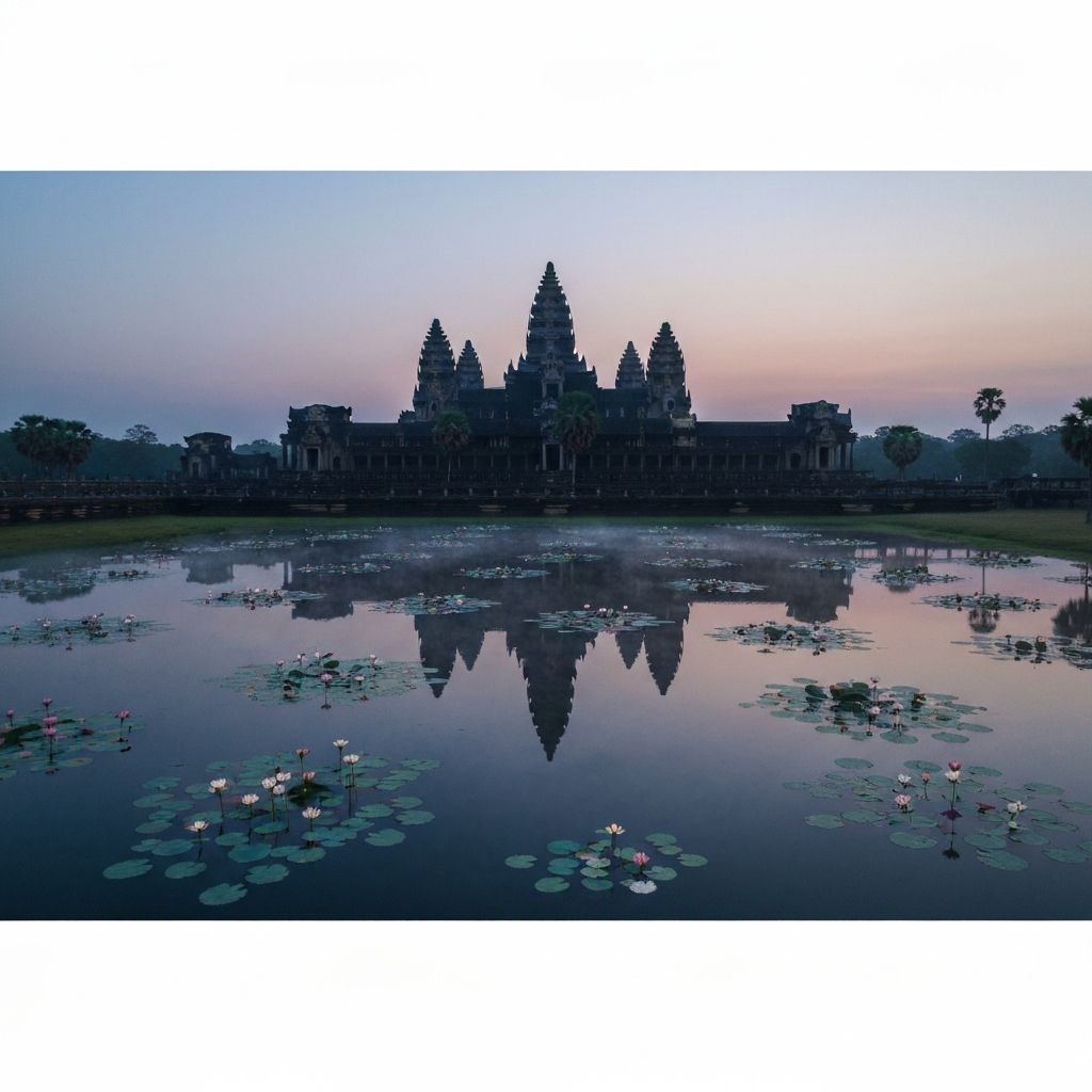 Temple d'Angkor Wat reflété dans un plan d'eau, paysage serein au coucher du soleil
